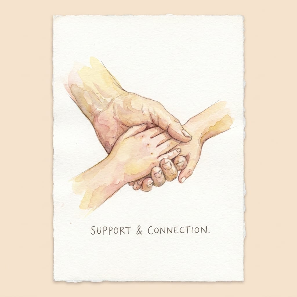 Watercolour illustration of two hands gently holding each other in support