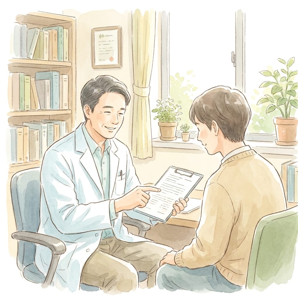 Watercolour illustration of a doctor explaining results to a patient