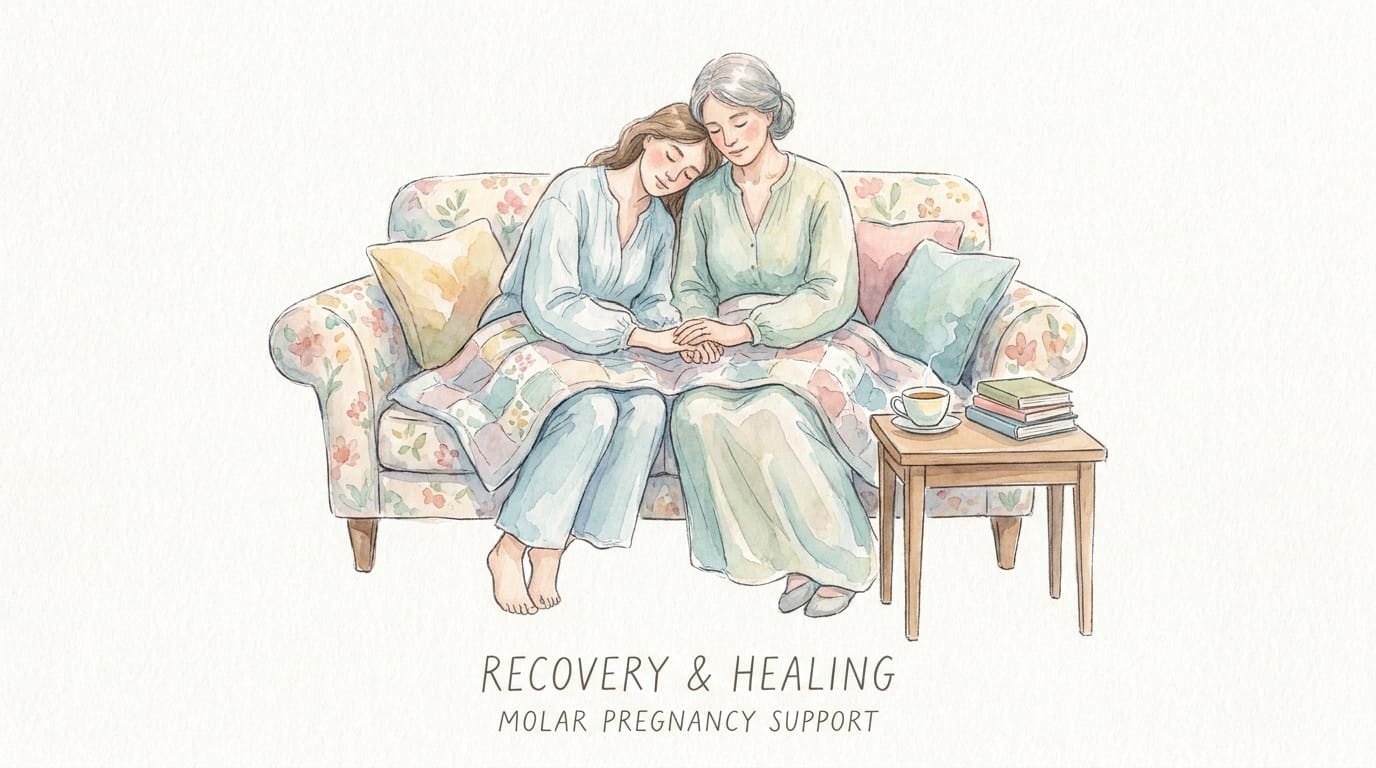 Watercolour illustration of a woman receiving gentle support