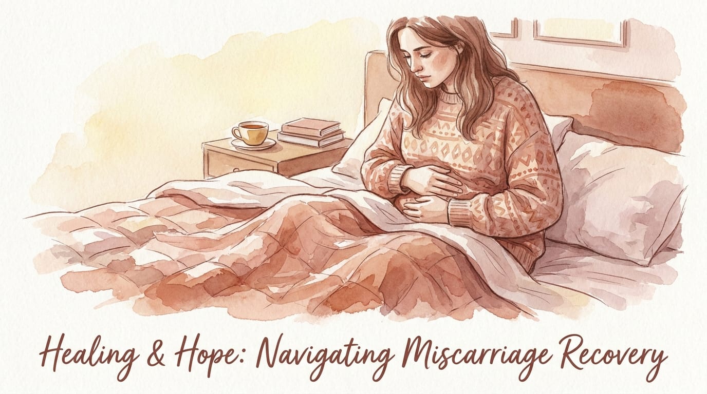 Watercolour illustration of a woman sitting thoughtfully after miscarriage