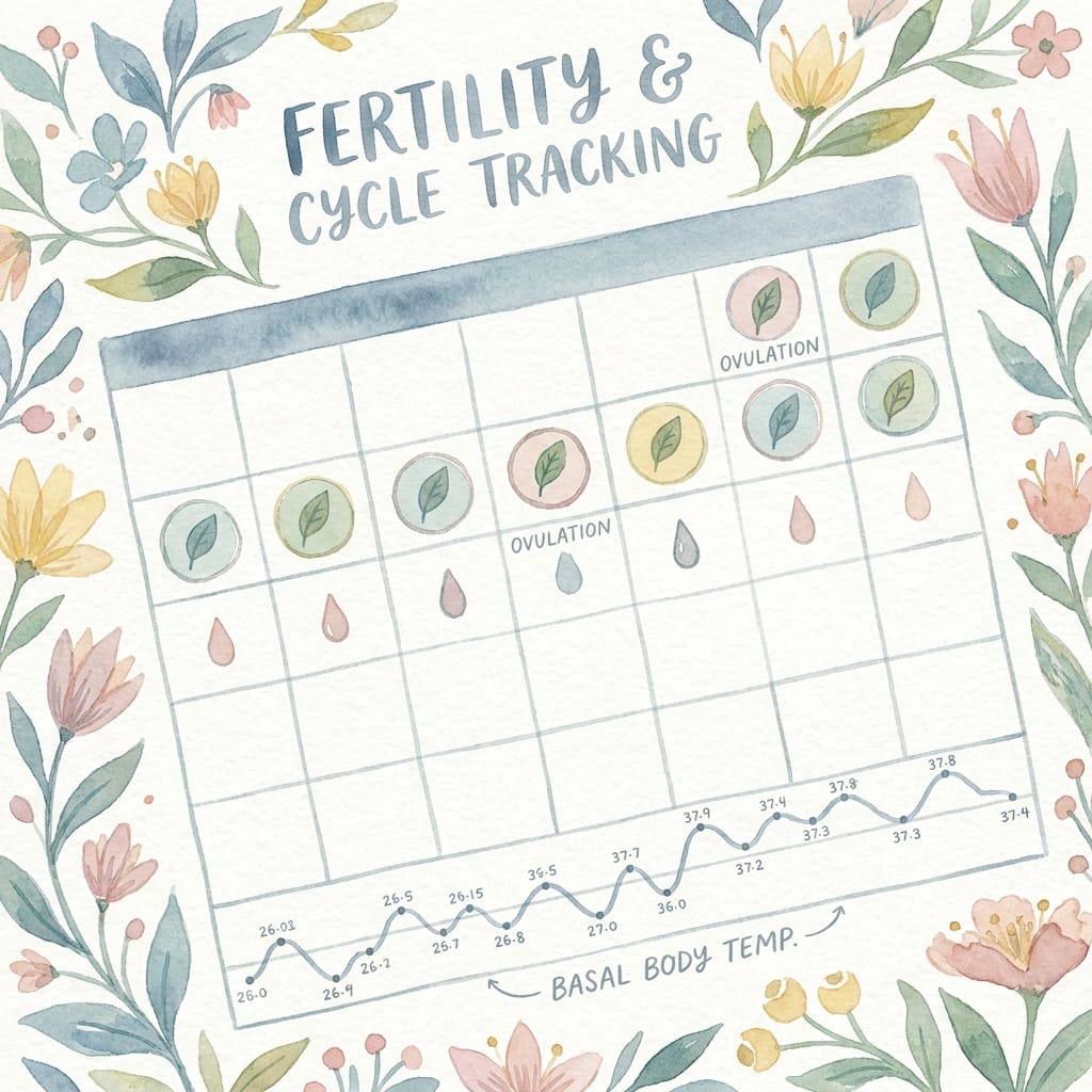 Watercolour illustration of a fertility tracking calendar with ovulation marks