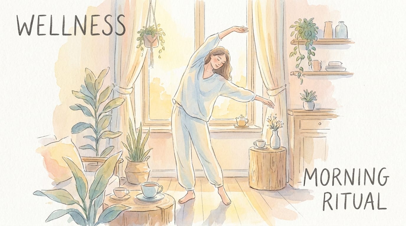 Watercolour illustration of a woman stretching peacefully in morning sunlight