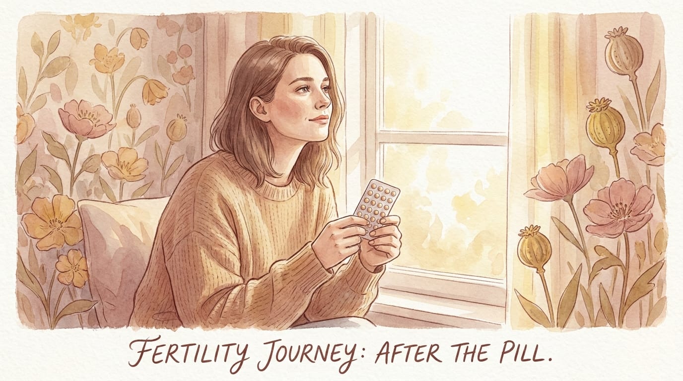 Watercolour illustration of a woman contemplating stopping the pill