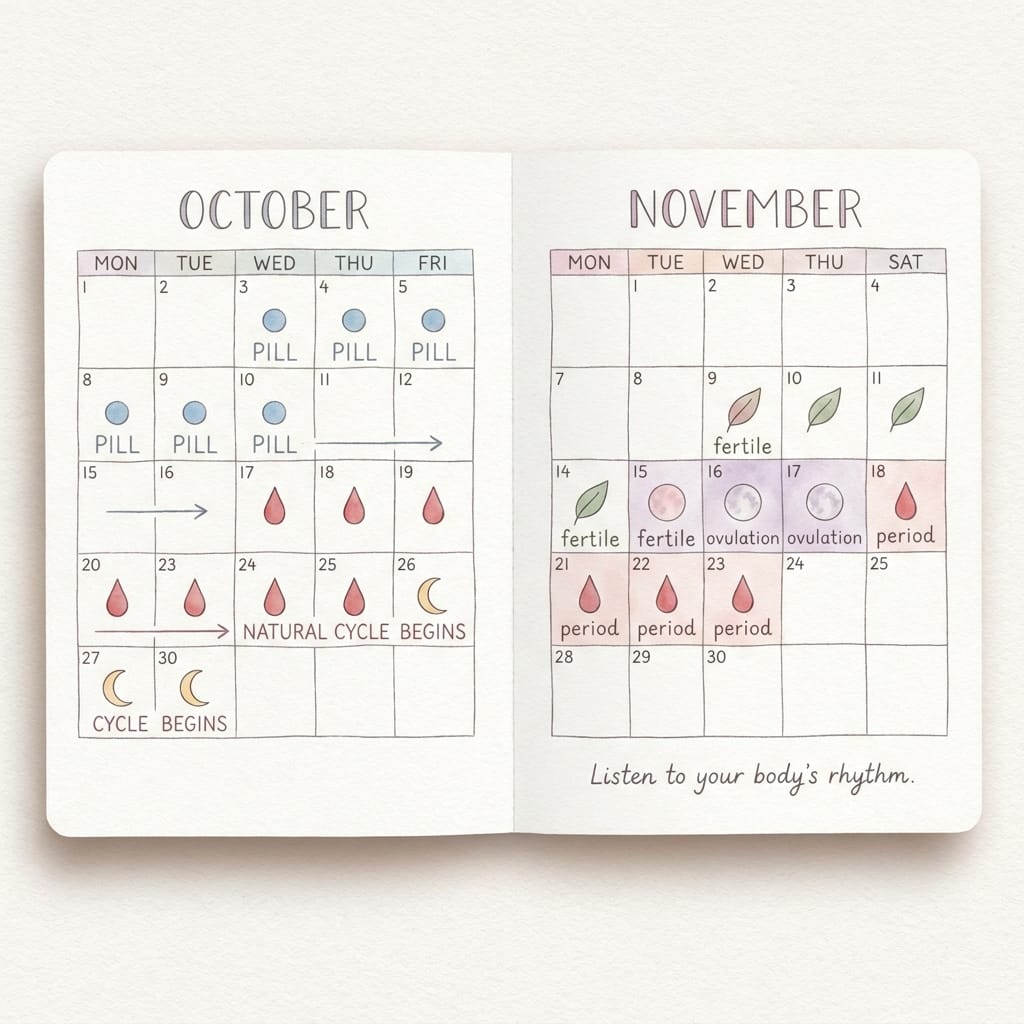 Watercolour illustration of a cycle tracking calendar
