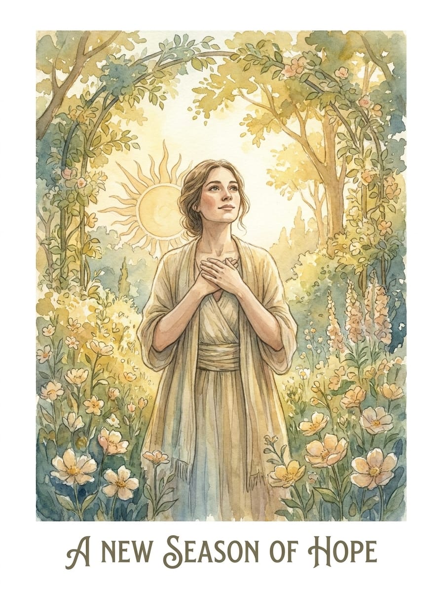 Watercolour illustration of a hopeful woman in a garden with sunlight