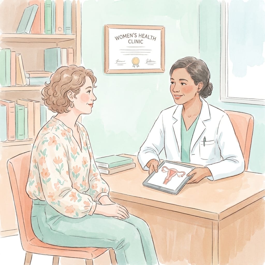 Watercolour illustration of a PCOS pregnancy consultation with doctor