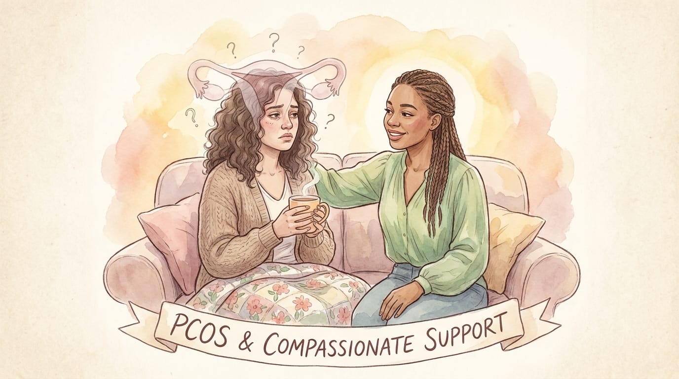 Watercolour illustration of a woman with PCOS receiving support