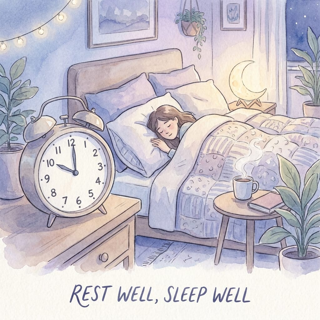 Watercolour illustration of a peaceful nighttime bedroom with clock