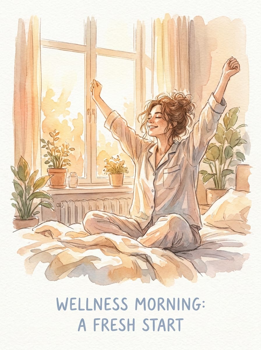 Watercolour illustration of a woman waking up refreshed in morning light