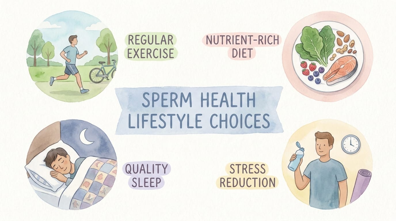 Watercolour illustration of healthy lifestyle choices for sperm health