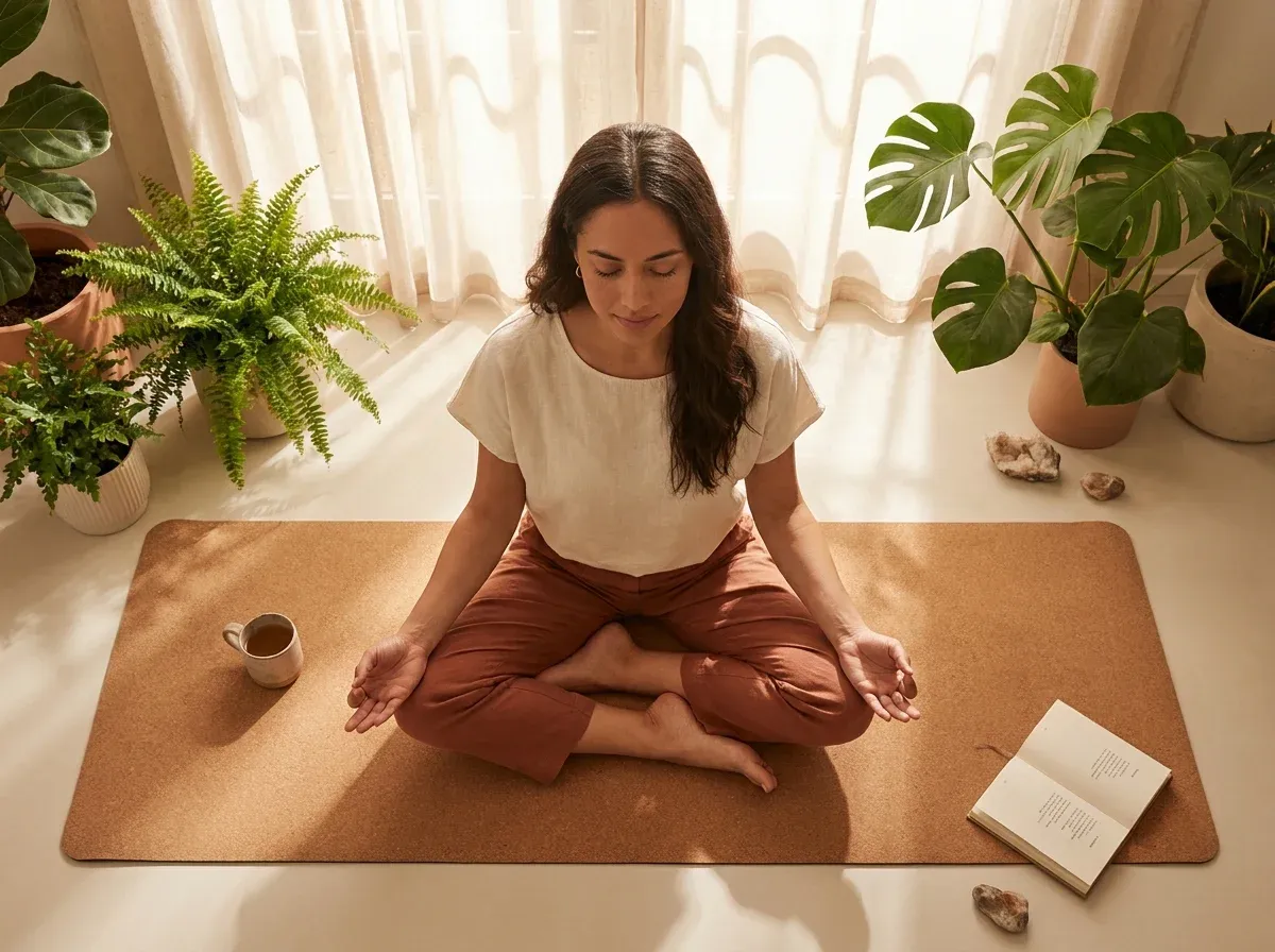 Woman practicing mindful breathing in a calm, sunlit space