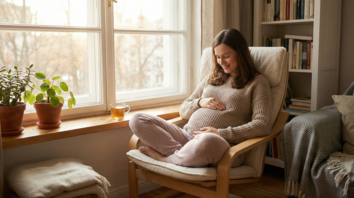 Pregnant woman relaxing at home by a sunny window — early pregnancy wellness