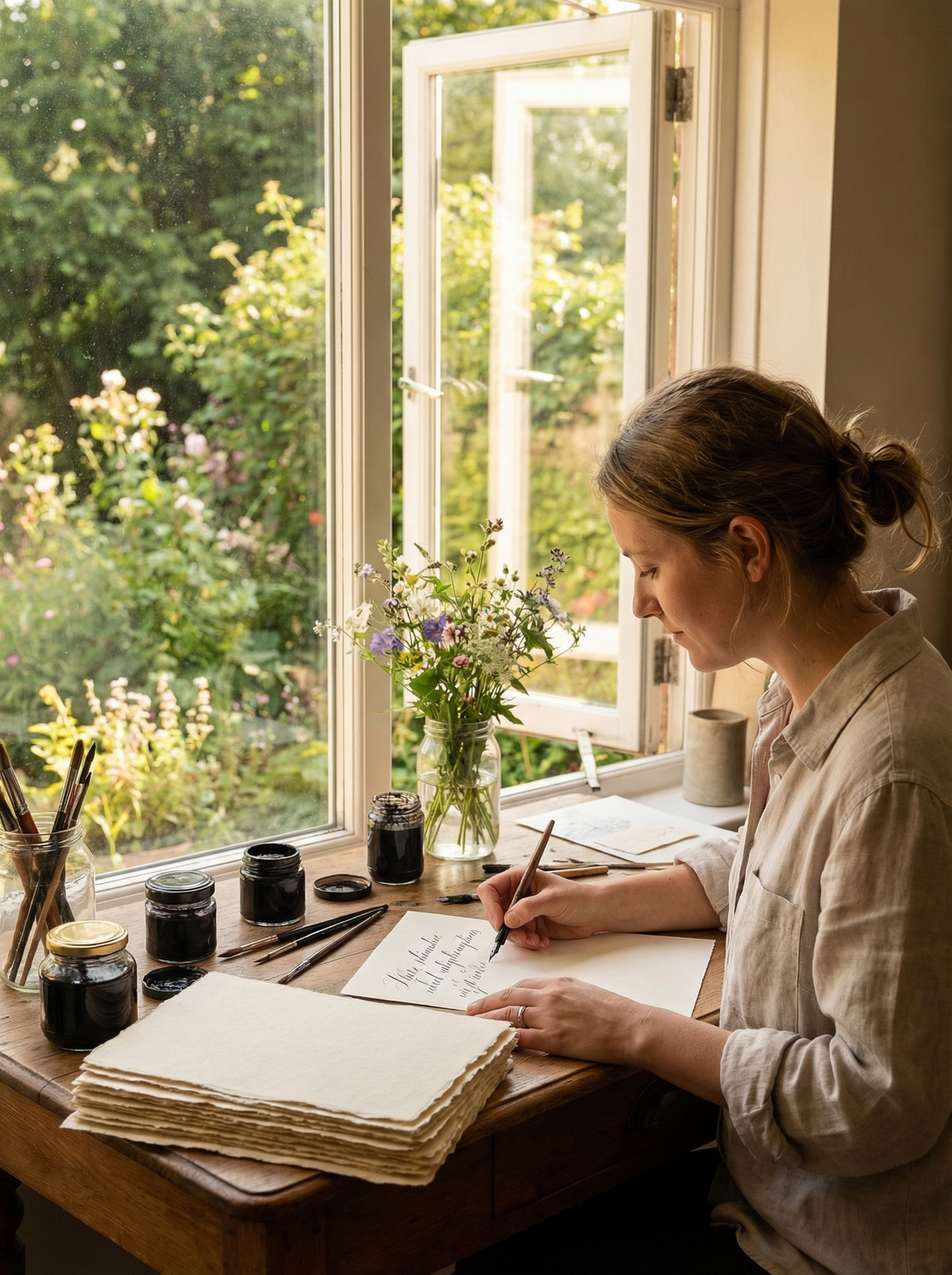 Woman in a cream linen robe holding herbal tea in morning light — wellness lifestyle