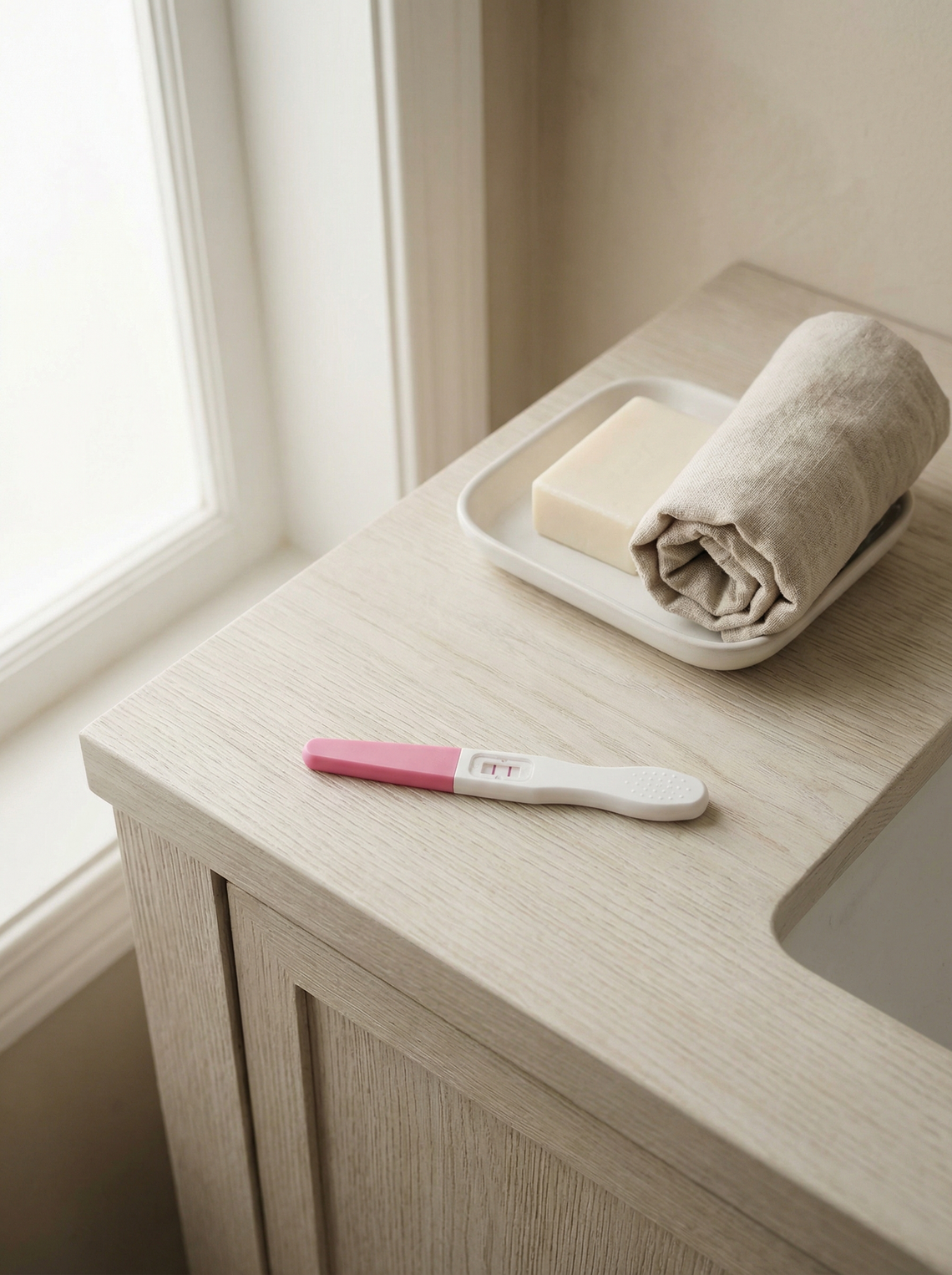 Pregnancy tests showing results on a bathroom counter — understanding faint lines
