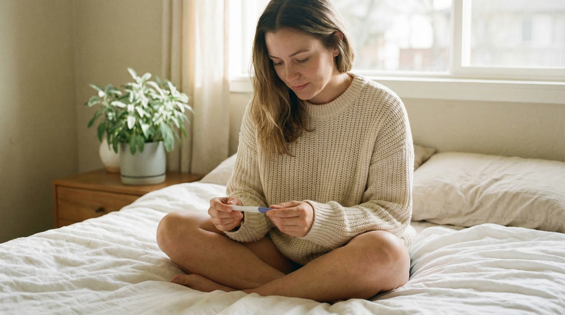 Woman sitting on a bed in soft morning light, looking thoughtfully at a pregnancy test — first signs of pregnancy