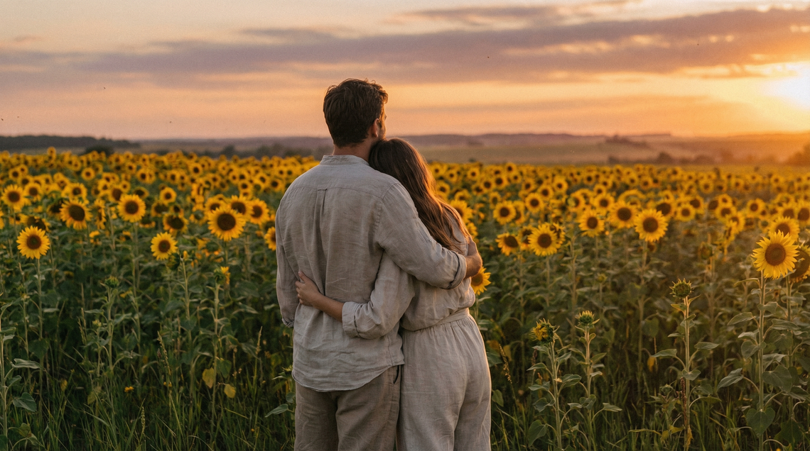 Couple sitting together in morning light, warm and intimate preconception moment
