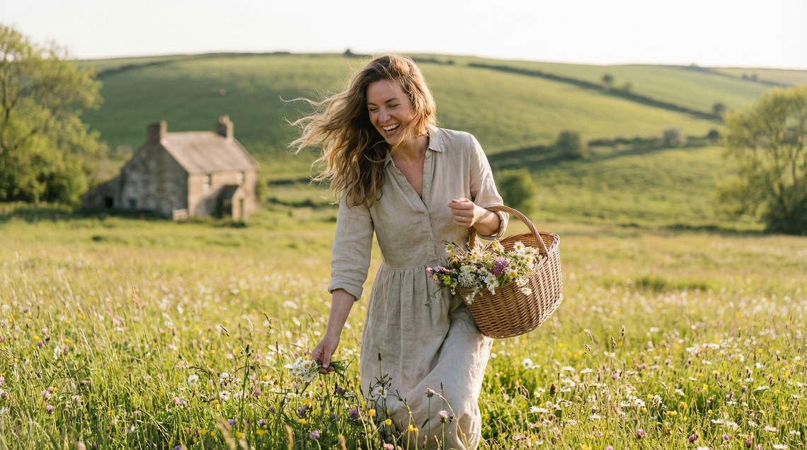 Woman sitting outdoors on a garden terrace wrapped in a blanket with a hot water bottle