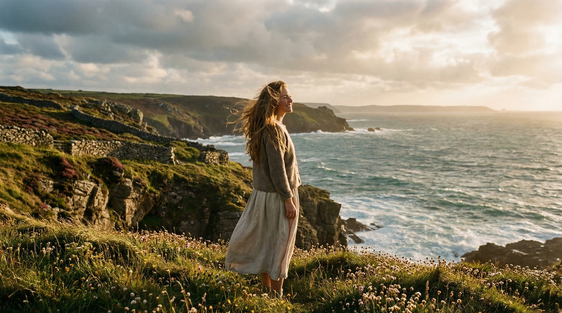 Woman walking through a sunlit wildflower meadow at golden hour