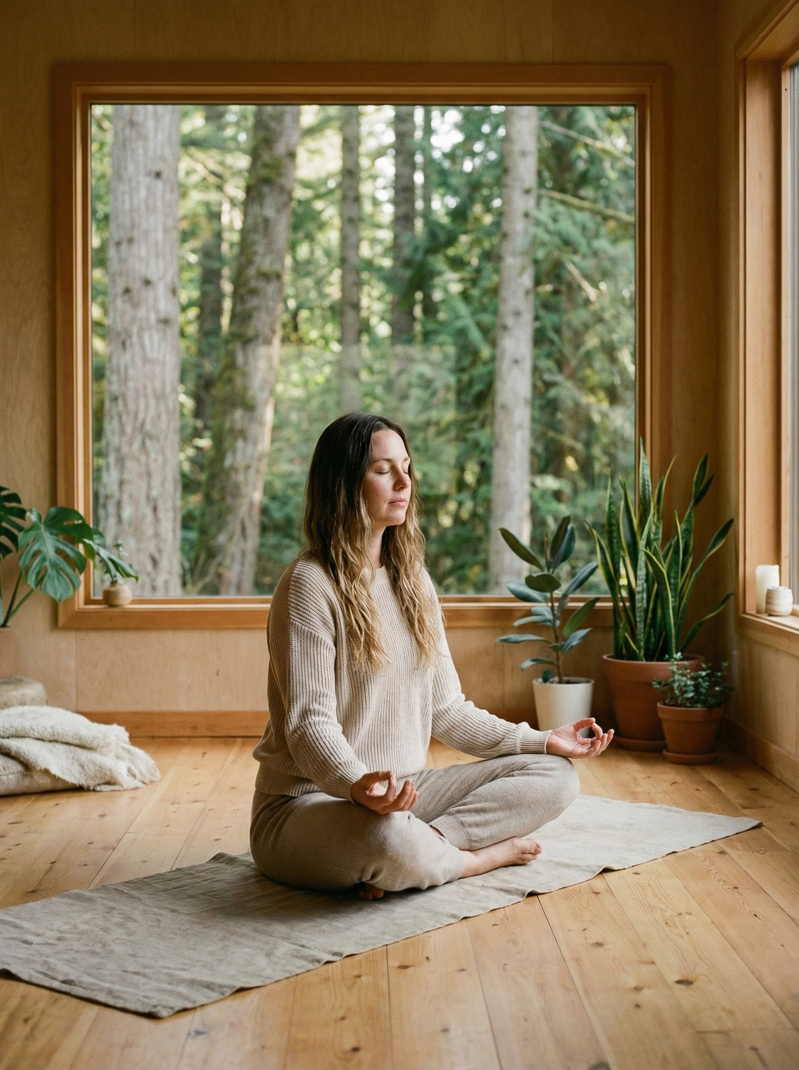 Woman sitting at a sunlit desk with eyes closed, hands on journal, taking a mindful breath surrounded by plants