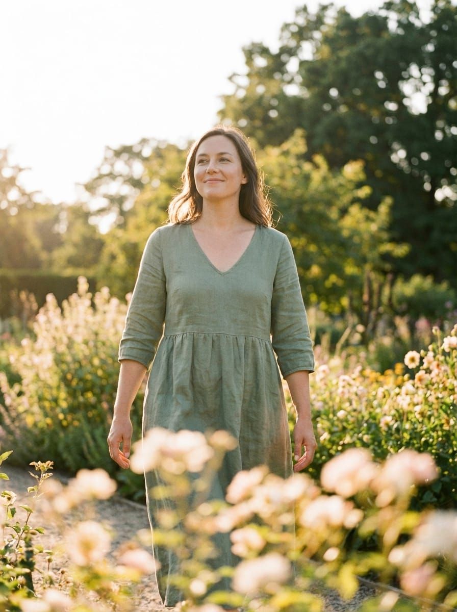 Woman walking confidently through a sunlit botanical garden in spring
