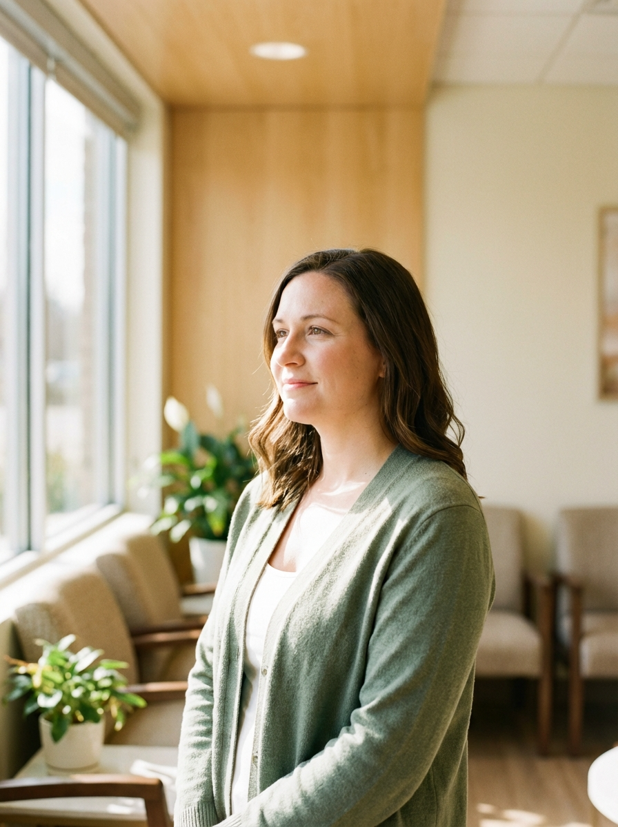 Woman sitting in a bright fertility clinic waiting room looking hopeful