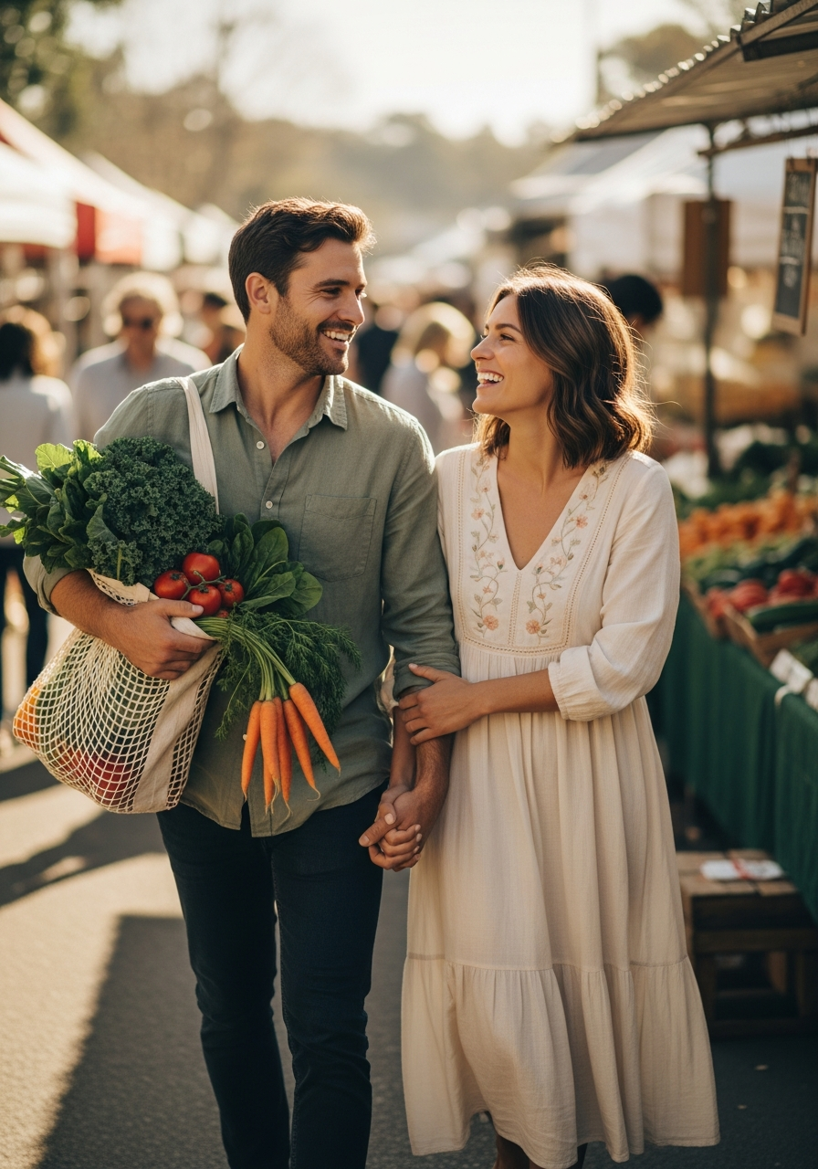 A happy couple walking through a sunlit farmers market carrying fresh vegetables and leafy greens