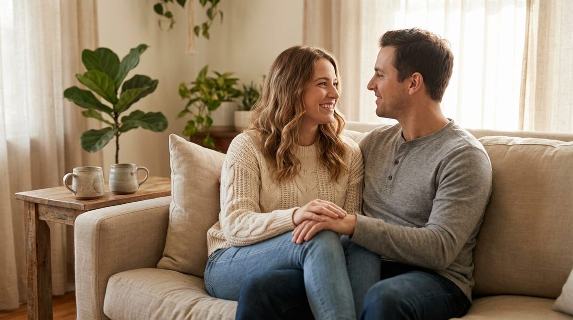 Couple sitting together on a sofa in warm morning light, planning their preconception journey