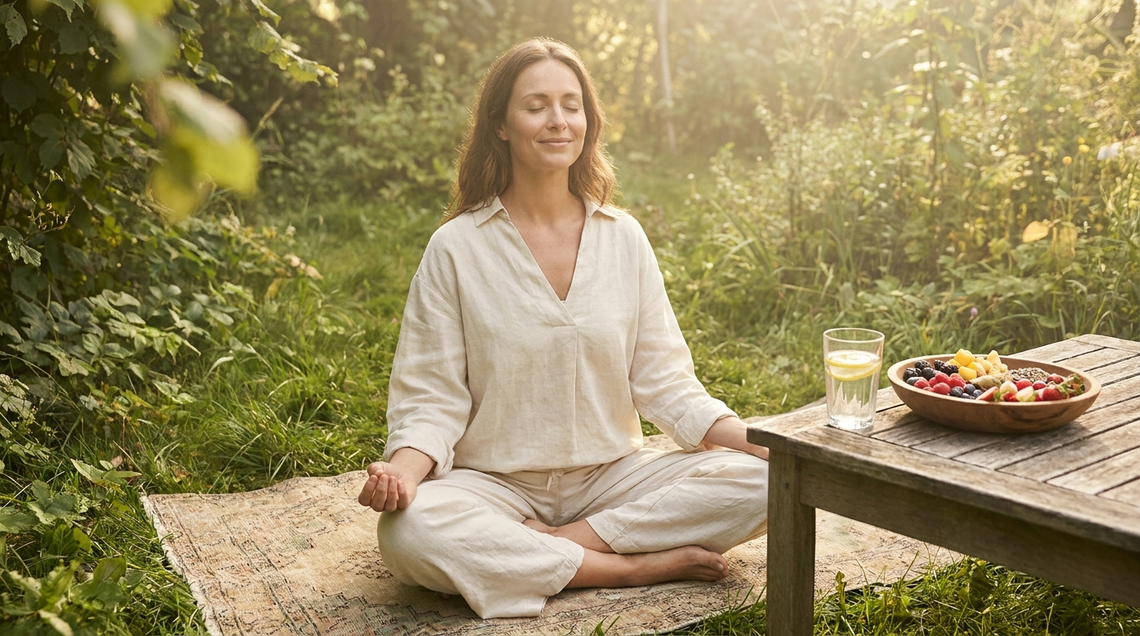 Woman practising yoga in a sunlit garden — natural hormone balance through lifestyle and nutrition