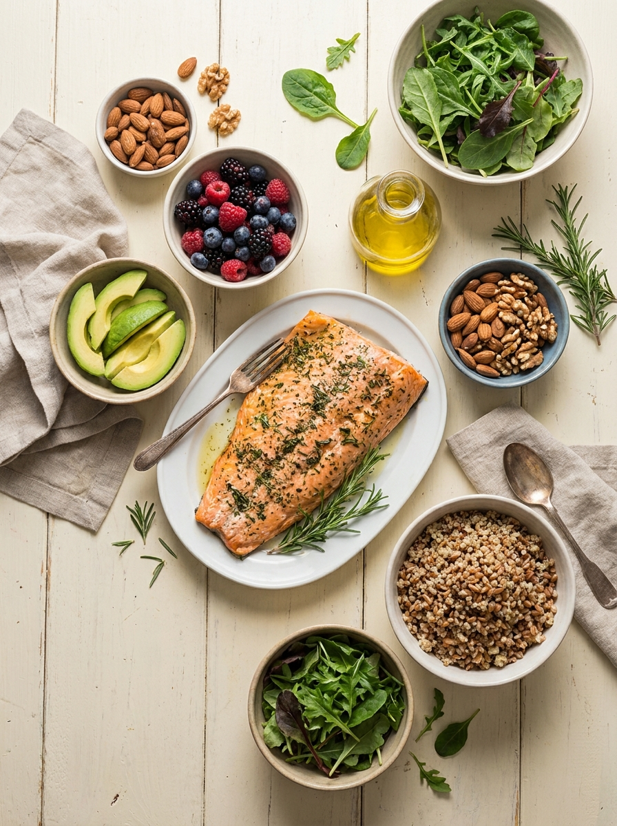 Mediterranean-style fertility meal with salmon, vegetables, and whole grains