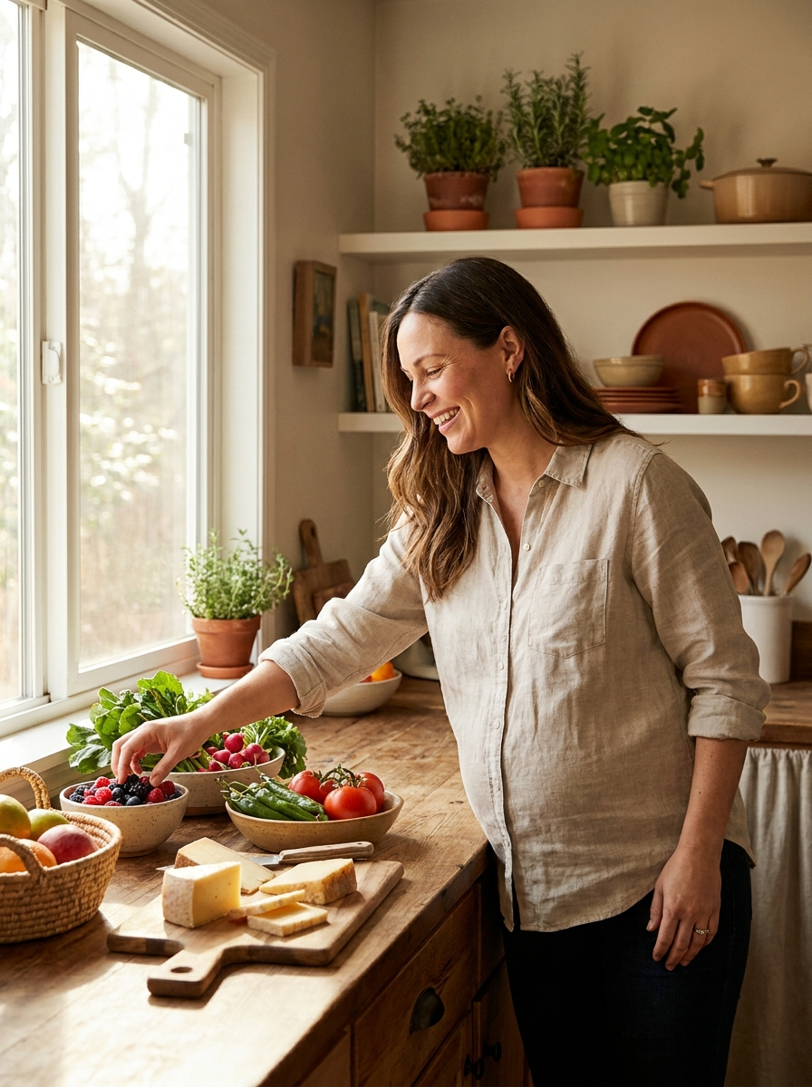 Pregnant woman preparing fresh food in a bright kitchen — healthy eating during pregnancy