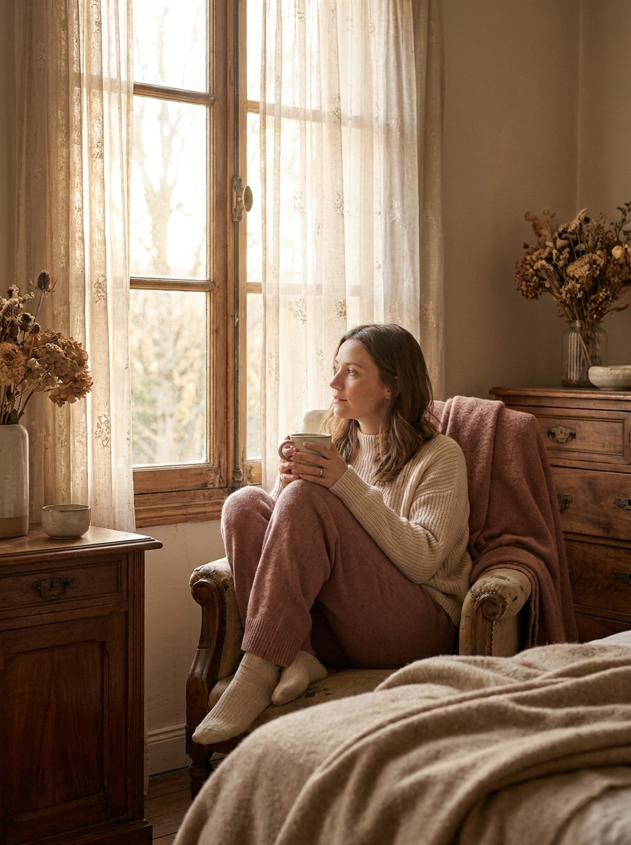 Woman sitting by a window in soft light, contemplating after pregnancy loss