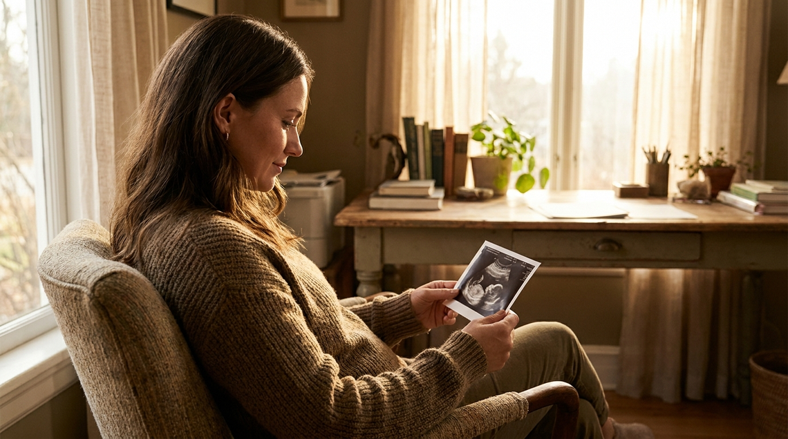 Woman looking at an ultrasound image in a doctor's office — empathetic scene representing molar pregnancy diagnosis and recovery