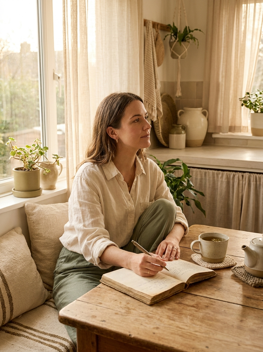 Woman journaling at a kitchen table with soft natural light — reflecting on her fertility journey