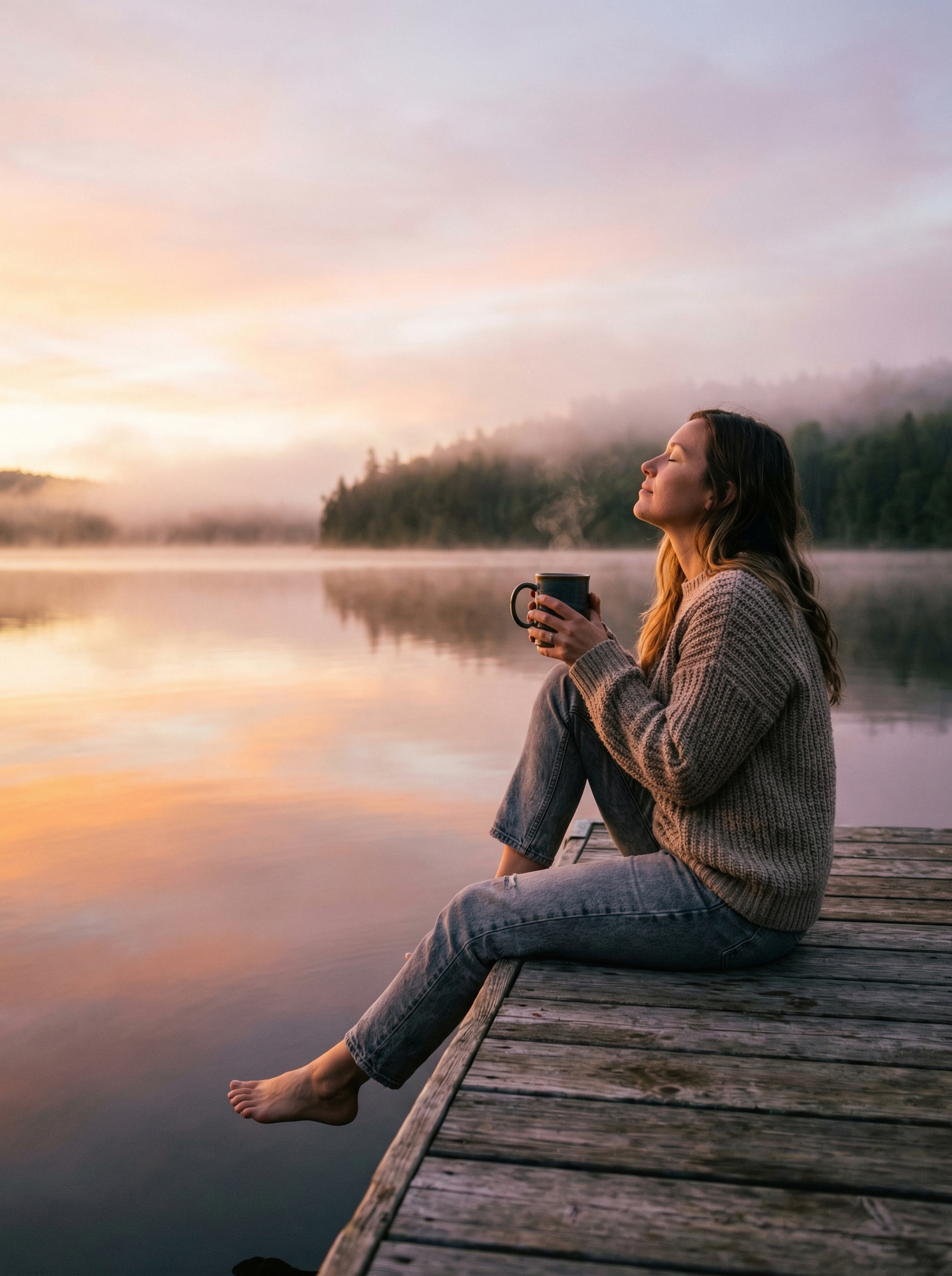Woman meditating peacefully on a rocky coastal outcrop at sunrise