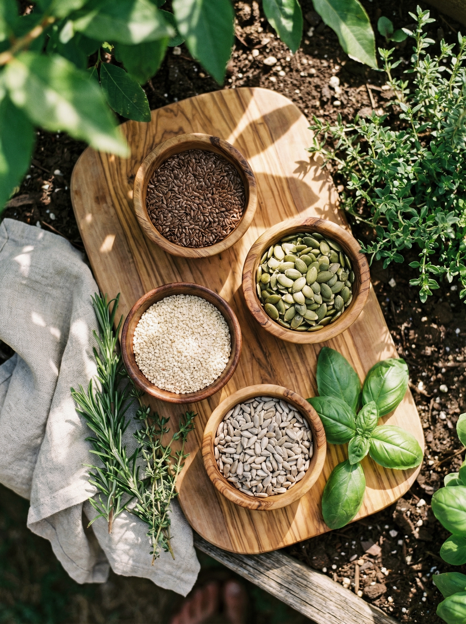 Flat-lay overhead photograph of four rustic bowls containing flaxseeds, pumpkin seeds, sesame seeds, and sunflower seeds on a linen cloth with green leaves