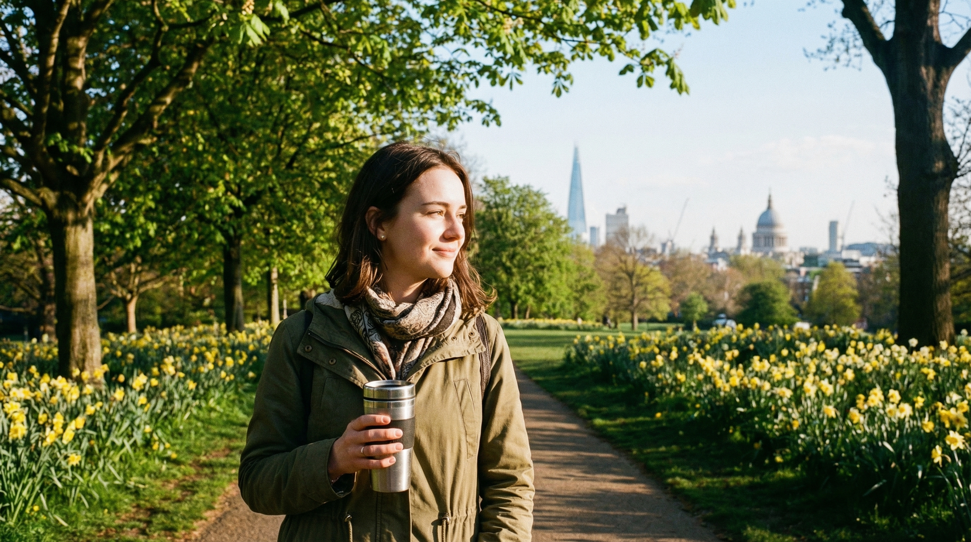 Woman walking through a London park in spring with daffodils and city skyline — UK fertility statistics overview