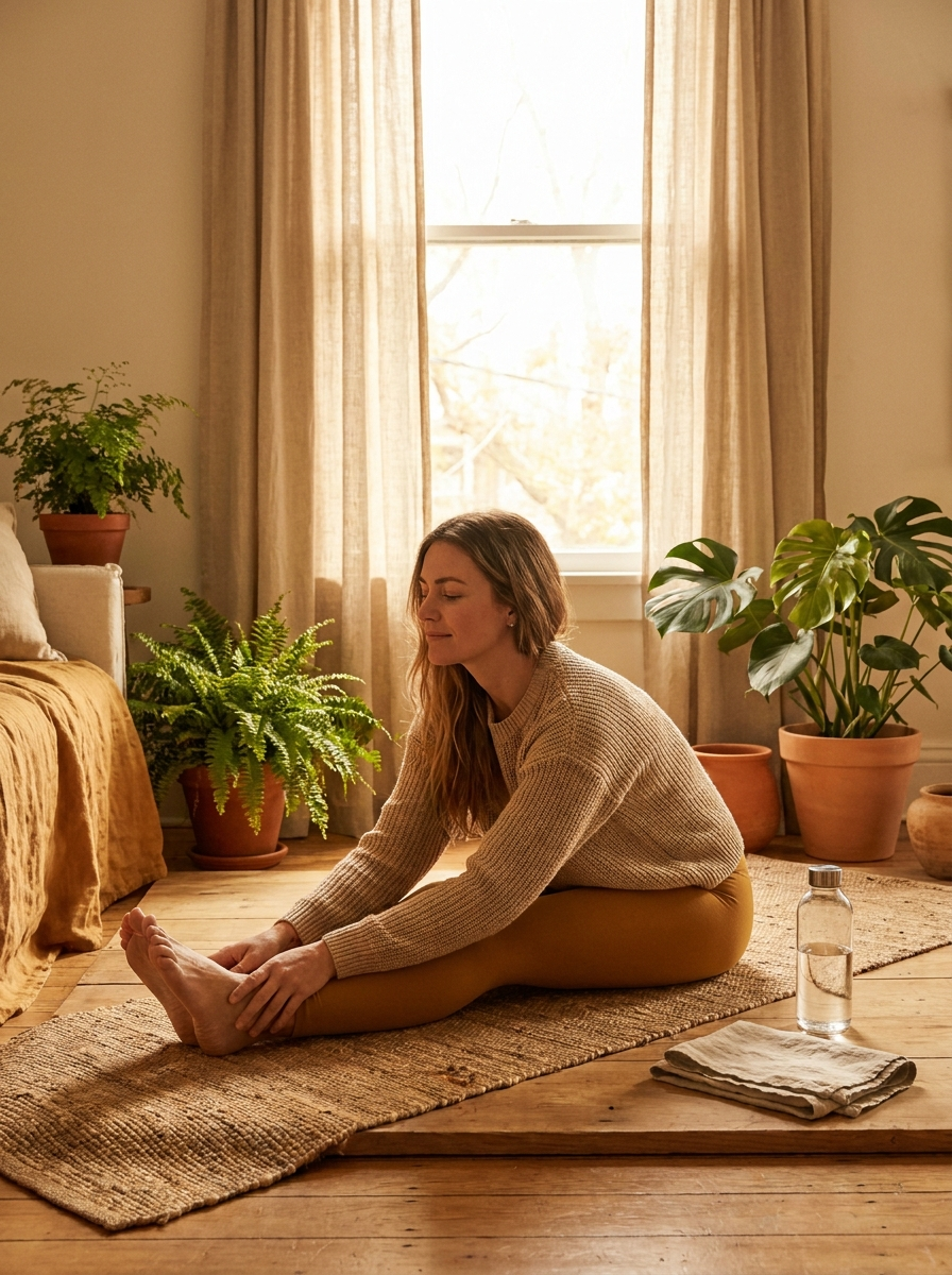 Woman doing gentle yoga in a sunlit room — fertility-friendly exercise and movement
