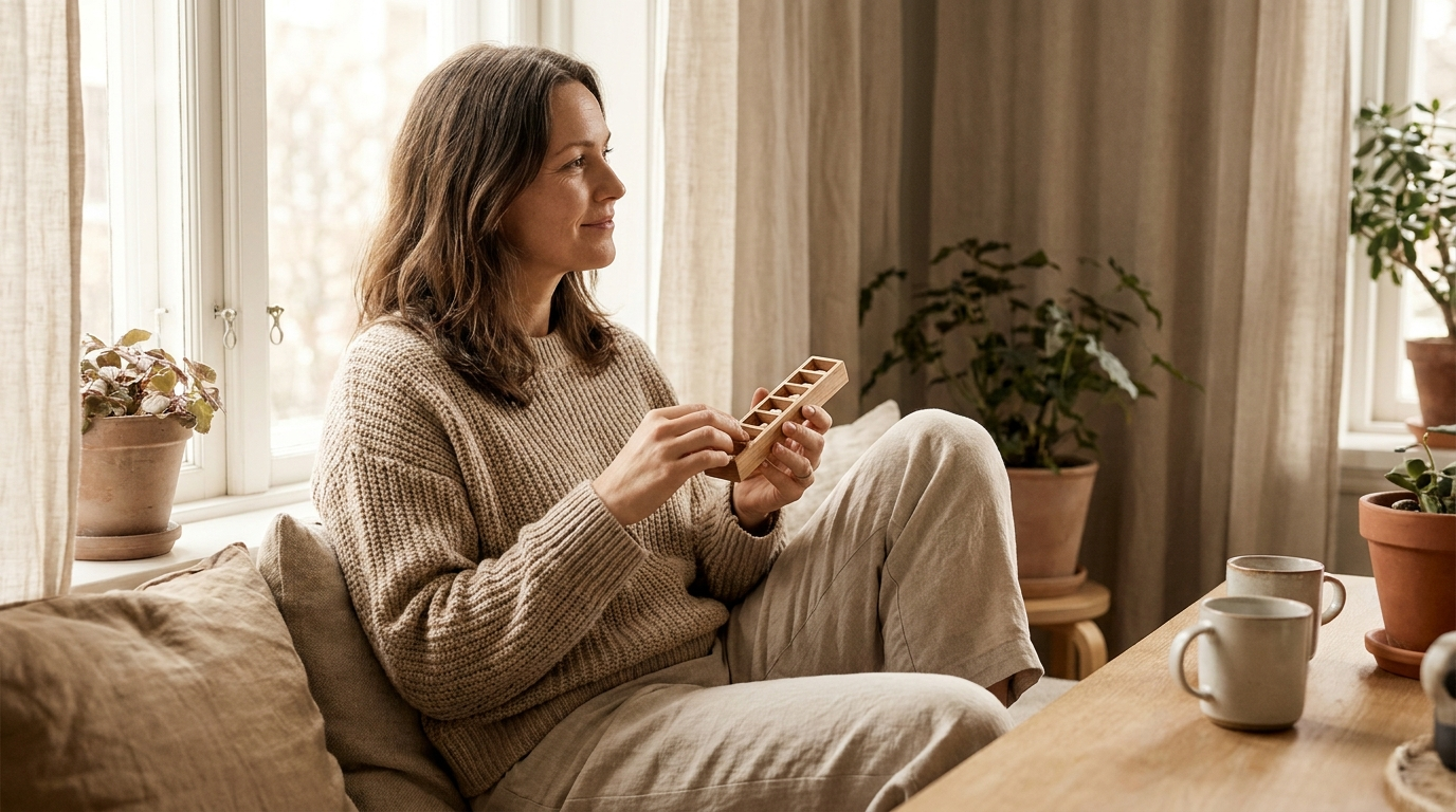 Woman holding a daily pill pack thoughtfully