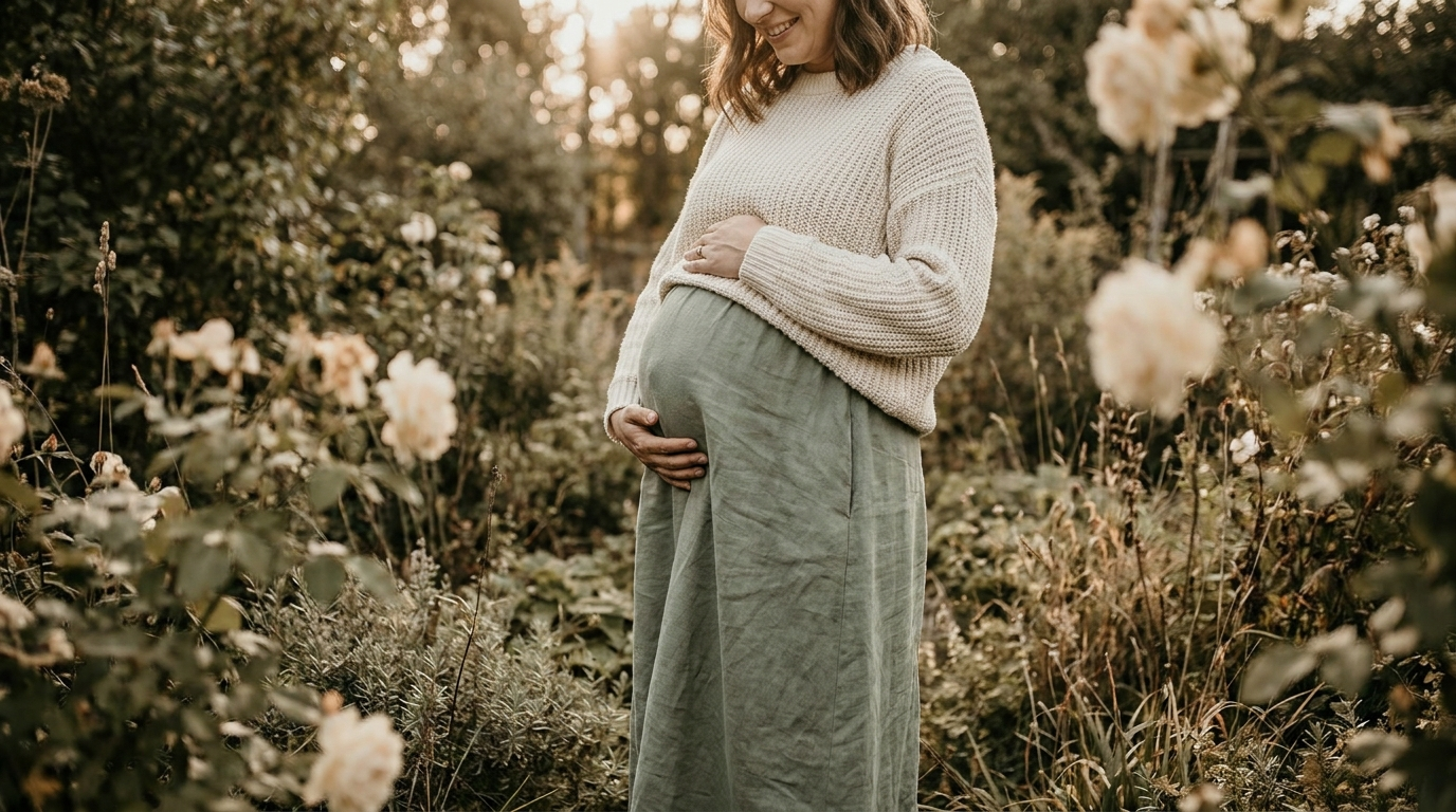 Pregnant woman with PCOS in a garden, hopeful and nurturing