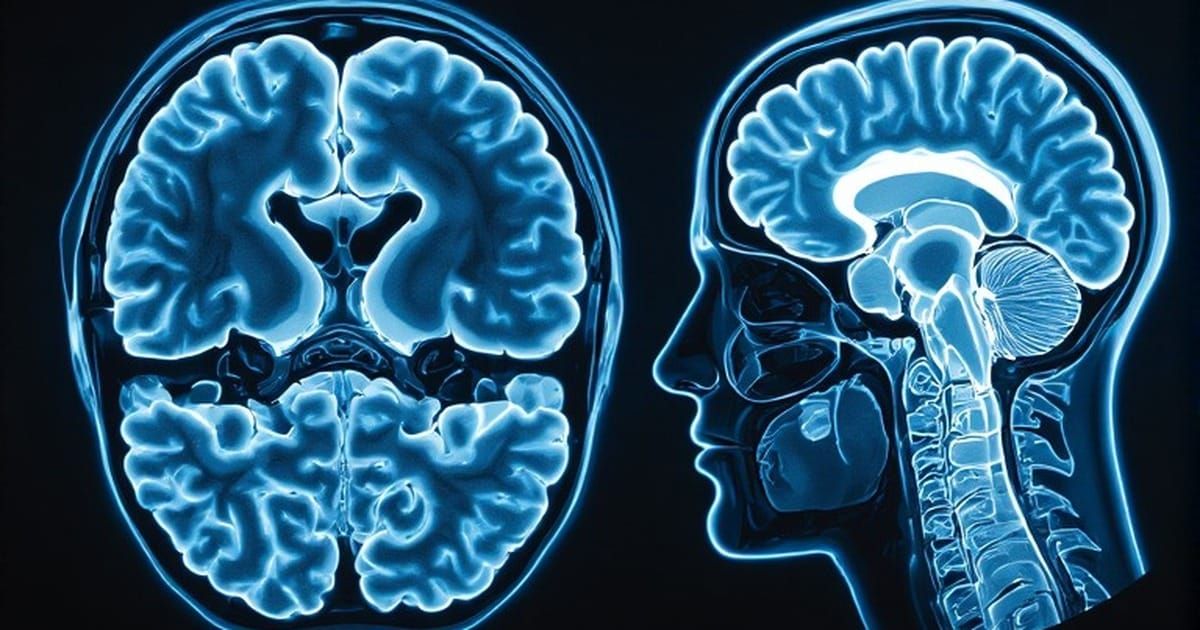 MRI brain scan showing front view and side profile in clinical blue