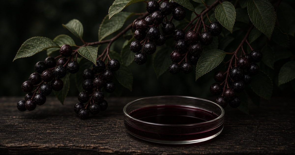 Clusters of dark chokecherries on branches arranged above a glass petri dish filled with deep burgundy liquid, set on weathered dark wood. A moody, botanical still.