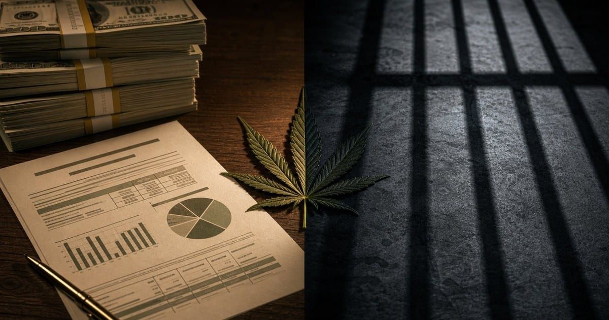 A cannabis leaf on the dividing line between a stack of cash with a financial report in warm light and the shadow of prison bars on a concrete floor