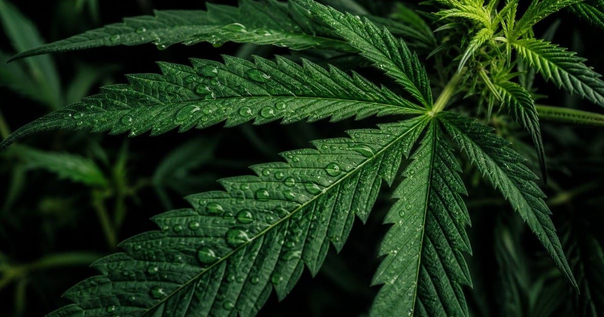 Macro close-up of a cannabis leaf with water droplets on its surface against a dark green background showing detailed serrated edges and vein structure