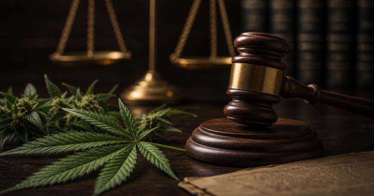A judge's gavel and gold scales of justice on a dark wooden desk beside a fresh cannabis leaf and an aged legal document