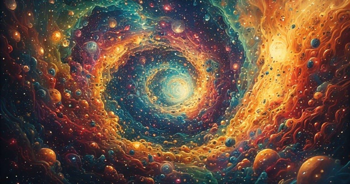 Abstract spiral galaxy painting with warm orange and teal tones suggesting psychedelic visual experience