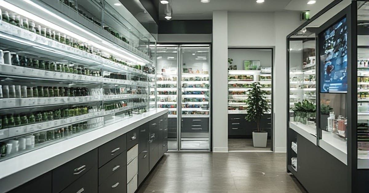 Modern cannabis dispensary interior with illuminated glass shelving, dark cabinetry, and a potted plant in a clean contemporary retail space