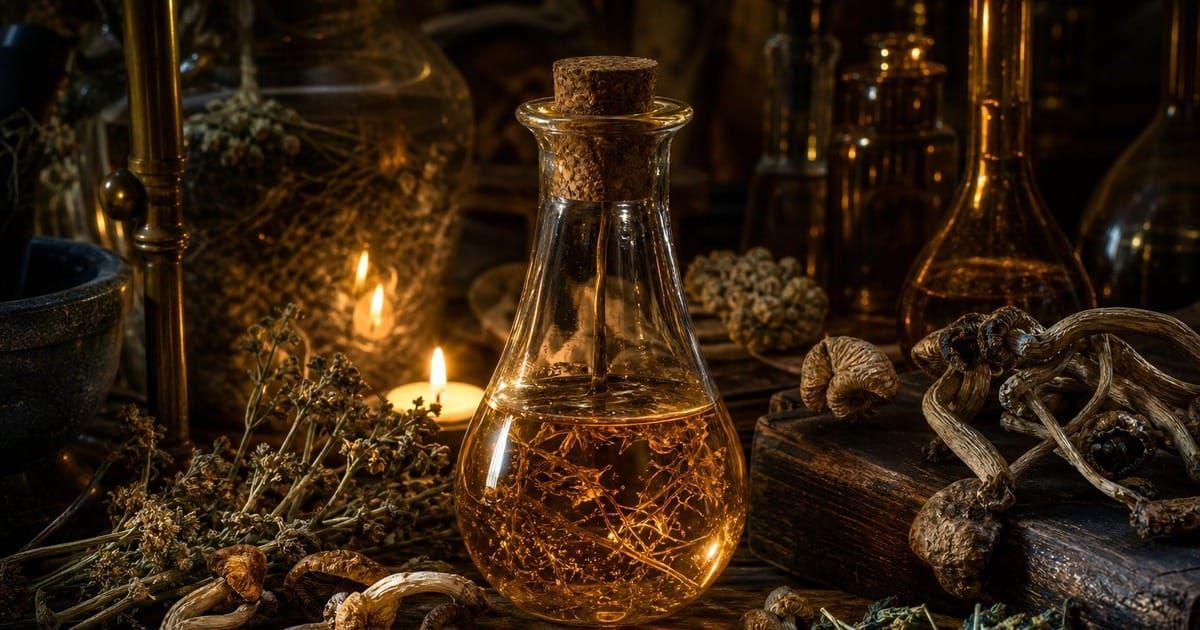 Dark apothecary still life with a glowing amber glass flask surrounded by dried psilocybin mushrooms, botanical herbs, and candlelight on a weathered wooden surface