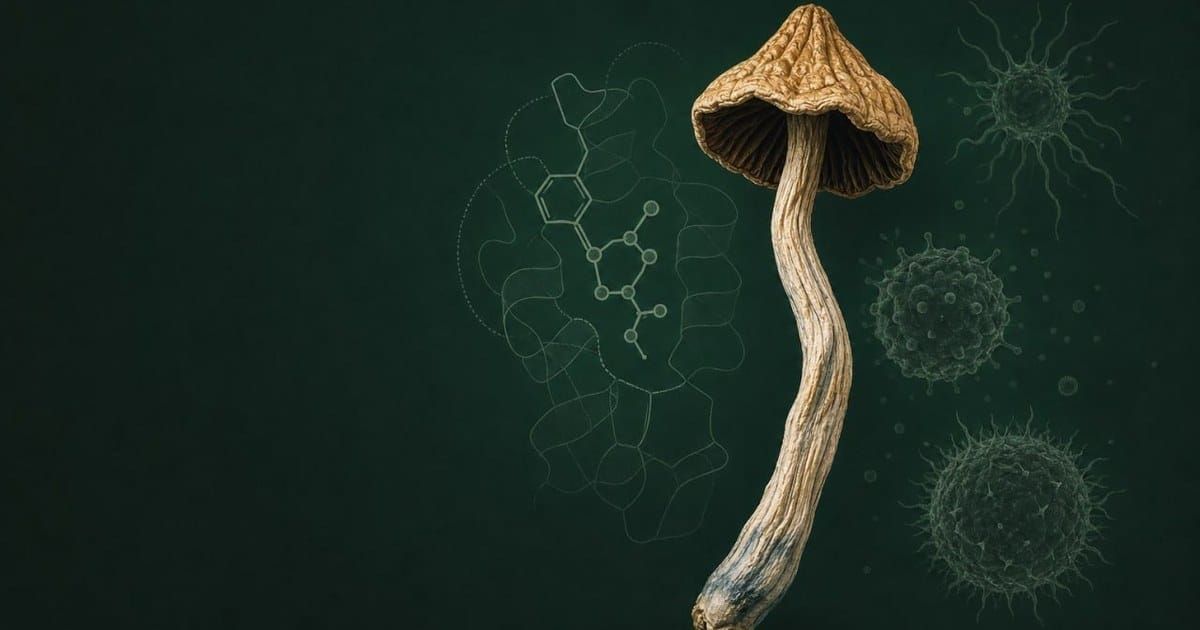 A dried psilocybin mushroom against a dark green background, with a faint molecular diagram and immune-cell illustrations behind it.