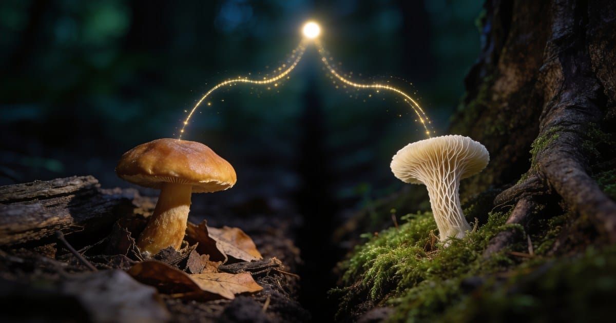 Two different wild mushrooms on a dark forest floor, each with a faint glowing path of light that curves up and meets at a single point between them.