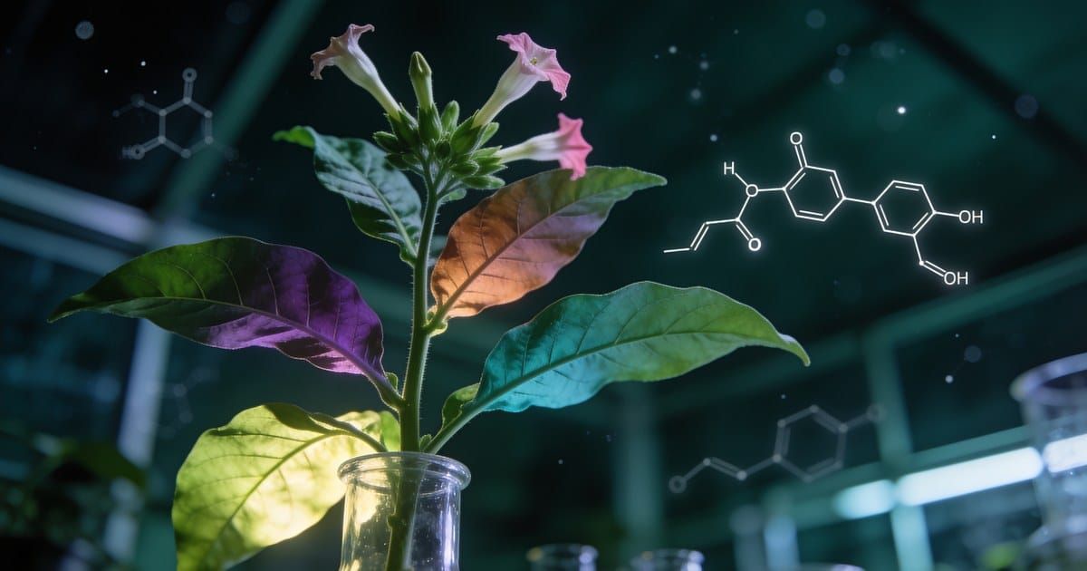 A tobacco plant in a glass flask inside a dim greenhouse, its leaves glowing green, purple, orange, and teal, with a glowing molecular diagram floating beside it.